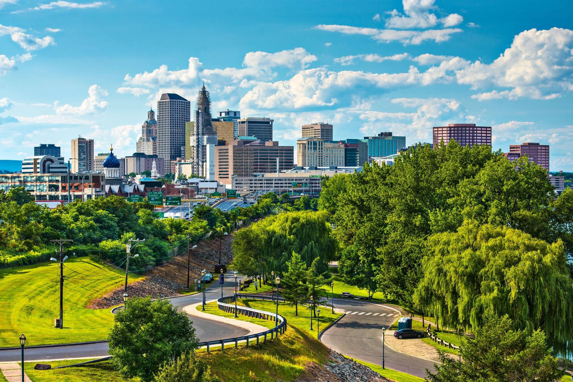 Hartford, Connecticut skyline above Bushnell Park in summer