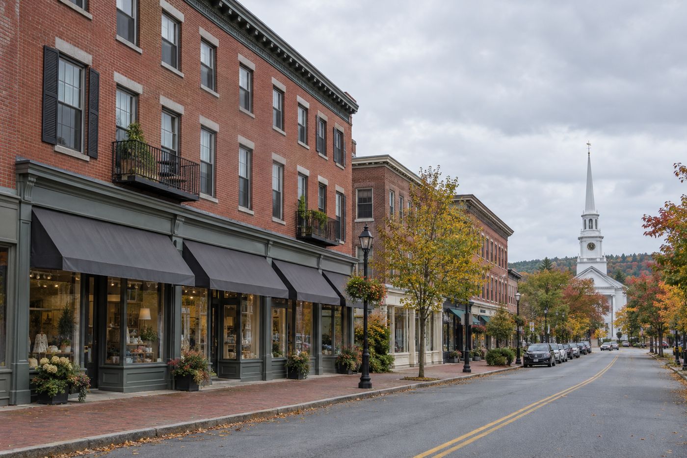 Three-story brick mixed-use building on a New England main street