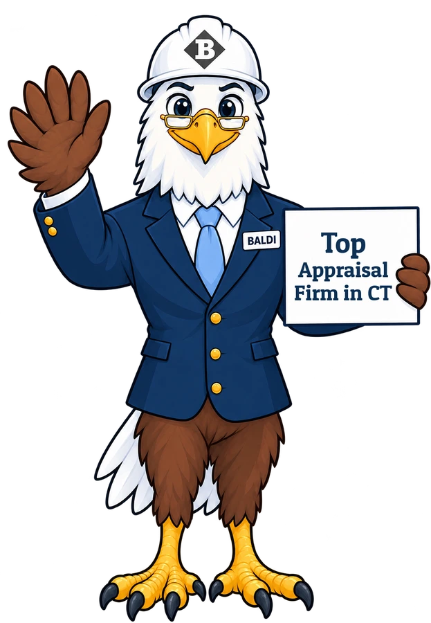 Baldi, the Baldi Valuation eagle, holding a sign that reads Top Appraisal Firm in CT