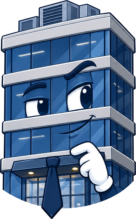 Cartoon of a smirking office building, representing an appraiser to avoid