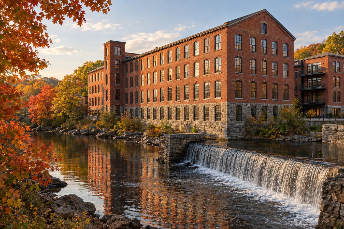 Restored brick mill building on a river in eastern Connecticut