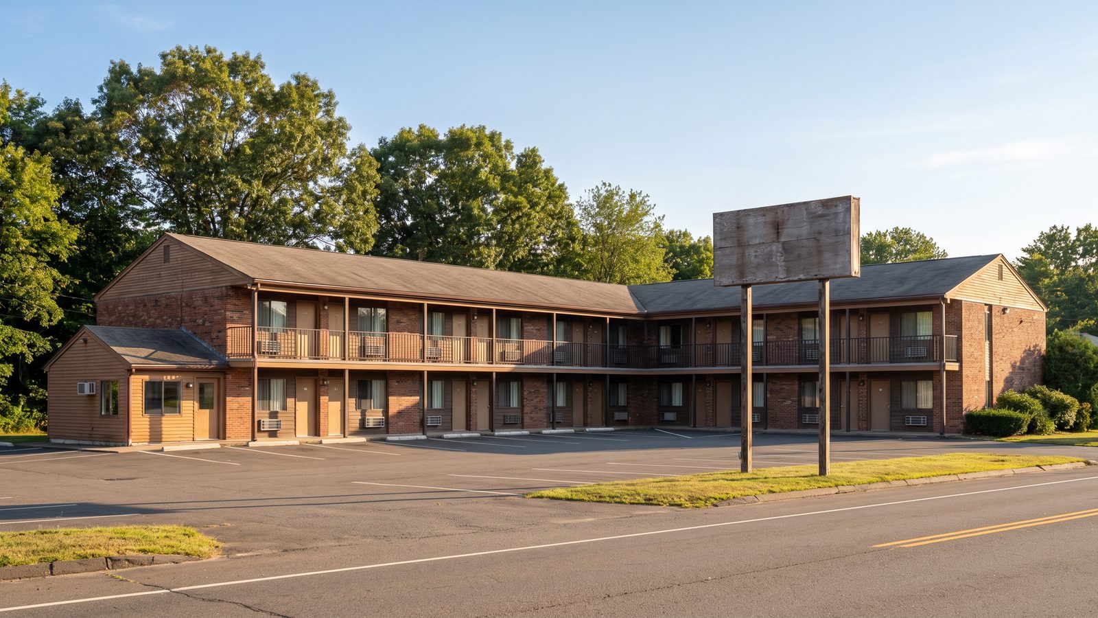 Two-story roadside motel with exterior walkways
